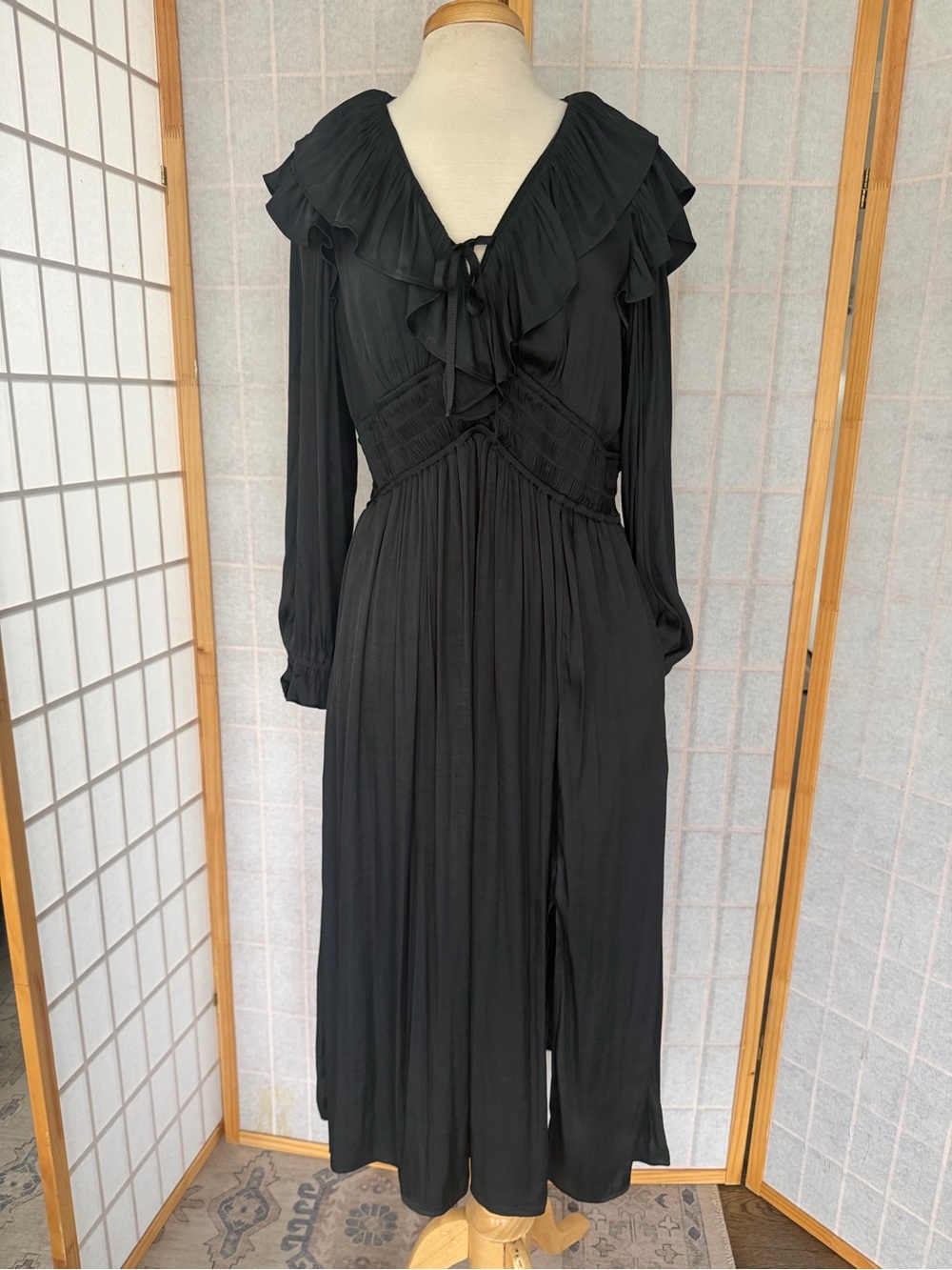 GAP Dark Grey Ruffled V-Neck Long-Sleeve Maxi Dress
